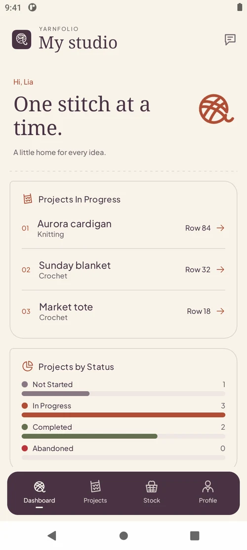 Yarnfolio dashboard showing crochet and knitting projects and activity overview