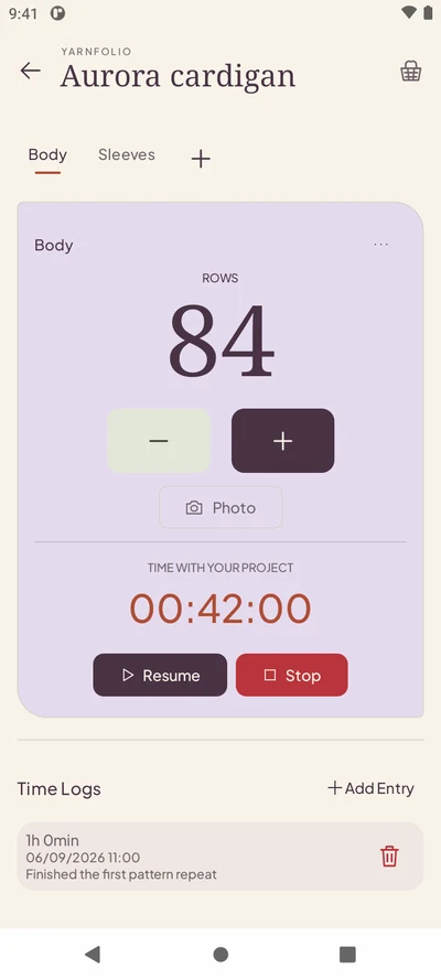 Yarnfolio row counter and project timer