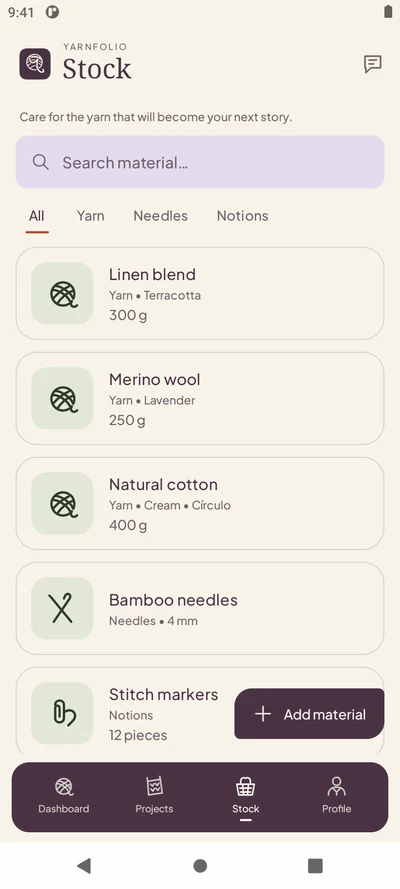 Yarn, needles and notions in the Yarnfolio inventory