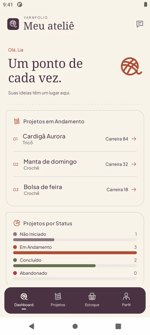 Dashboard do Yarnfolio com projetos de crochê e tricô e resumo de atividades