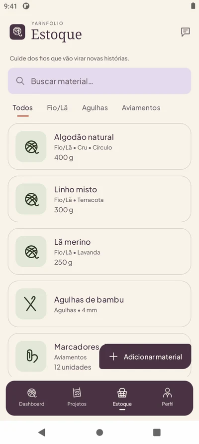 Estoque de fios, agulhas e acessórios no Yarnfolio